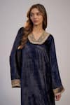 Nadima Saqib_Blue Velvet Fringe V-neck Dark Kaftan _Online_at_Aza_Fashions