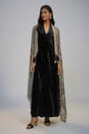 Buy_Nadima Saqib_Black Velvet Sequins Halter , Open Dress And Printed Cape Set _at_Aza_Fashions