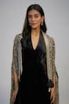 Buy_Nadima Saqib_Black Velvet Sequins Halter , Open Dress And Printed Cape Set _Online_at_Aza_Fashions