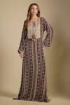 Buy_Nadima Saqib_Brown Crepe Sequins, Pearls Round Neck Printed And Embroidered Kaftan Dress _at_Aza_Fashions