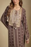Nadima Saqib_Brown Crepe Sequins, Pearls Round Neck Printed And Embroidered Kaftan Dress _Online_at_Aza_Fashions