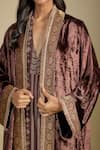 Shop_Nadima Saqib_Brown Crepe Open , Halter Velvet Cape With Printed Jumpsuit _Online_at_Aza_Fashions