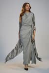 Buy_Nadima Saqib_Gray Crepe Sequins Cowl Neck, Open Black Printed And Embroidered Dress With Cape _at_Aza_Fashions