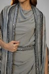 Nadima Saqib_Gray Crepe Sequins Cowl Neck, Open Black Printed And Embroidered Dress With Cape _at_Aza_Fashions
