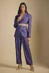 Buy_Nadima Saqib_Navy Dupion Sequins, Pearls Blue Printed Blazer Set _at_Aza_Fashions