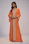 Buy_Nadima Saqib_Orange Crepe Sequins, Pearls, Fringe Round Printed And Embroidered Kaftan Dress _at_Aza_Fashions