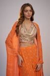Nadima Saqib_Orange Dupion, Silk, Crepe Sequins, Pearls V-neck, Open Printed Sharara Pant Set _Online_at_Aza_Fashions