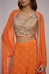 Shop_Nadima Saqib_Orange Dupion, Silk, Crepe Sequins, Pearls V-neck, Open Printed Sharara Pant Set _Online_at_Aza_Fashions