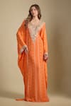 Buy_Nadima Saqib_Orange Crepe Sequins, Fringe Round Neck Printed And Embroidered Kaftan Dress _at_Aza_Fashions