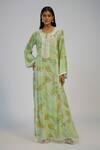 Buy_Nadima Saqib_Green Crepe Lace, Sequins Round Neck Lime Printed And Embroidered Kaftan Dress _at_Aza_Fashions