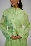 Nadima Saqib_Lime Cotton, Dupion, Silk Sequins, Tassels High Neck Green Embroidered Dress _Online_at_Aza_Fashions