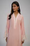 Nadima Saqib_Pink Crepe Sequins, Lace V-neck Pastel Printed And Embroidered Kaftan Dress _Online_at_Aza_Fashions