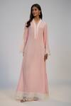 Buy_Nadima Saqib_Pink Crepe Sequins, Lace V-neck Pastel Printed And Embroidered Kaftan Dress _at_Aza_Fashions