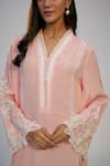 Buy_Nadima Saqib_Pink Crepe Sequins, Lace V-neck Pastel Printed And Embroidered Kaftan Dress _Online_at_Aza_Fashions