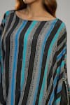 Shop_Nadima Saqib_Black Crepe Sequins Round Neck Blue Stripe Print And Embroidered Kaftan _Online_at_Aza_Fashions