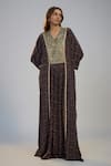 Buy_Nadima Saqib_Blue Crepe Sequins, Gota Patti V-neck Dark Printed And Embroidered Kaftan _at_Aza_Fashions