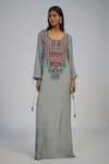 Buy_Nadima Saqib_Black Crepe Pearls, Sequins, Tassels Round Neck Printed And Embroidered Kaftan _at_Aza_Fashions