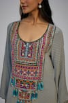 Buy_Nadima Saqib_Black Crepe Pearls, Sequins, Tassels Round Neck Printed And Embroidered Kaftan _Online_at_Aza_Fashions
