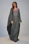 Buy_Nadima Saqib_Black Crepe Pearls, Sequins, Tassels V-neck Printed And Embroidered Kaftan _at_Aza_Fashions