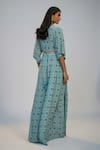 Shop_Nadima Saqib_Blue Crepe Sequins, Pearls, Tassels V-neck Printed And Embroidered Jumpsuit _at_Aza_Fashions