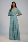 Buy_Nadima Saqib_Blue Crepe Sequins, Pearls, Tassels V-neck Printed And Embroidered Jumpsuit _at_Aza_Fashions