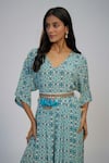 Nadima Saqib_Blue Crepe Sequins, Pearls, Tassels V-neck Printed And Embroidered Jumpsuit _Online_at_Aza_Fashions