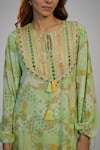 Nadima Saqib_Green Crepe Tassels Round Neck Lime Printed And Embroidered Kaftan _Online_at_Aza_Fashions