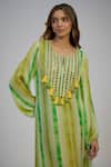 Nadima Saqib_Green Cotton Tassels Notched Neck Lime Stripe Print And Embroidered Kaftan _Online_at_Aza_Fashions