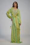 Buy_Nadima Saqib_Green Cotton Tassels Notched Neck Lime Stripe Print And Embroidered Kaftan _at_Aza_Fashions