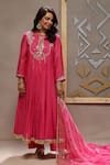 Buy_Kyra By Bhavna_Magenta Chanderi, Shantoon, Silk Organza Sequins, Beads Wild Rose Kurta Set _at_Aza_Fashions