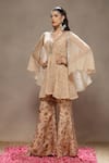 Kyra By Bhavna_Beige Tissue Cut Work, Sequins V-neck Amber Bling Jacket Set  _at_Aza_Fashions