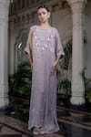 Buy_Farha Syed_Gold Tissue, Taffeta Sequins V-neck Champagne Rose Embroidered Kaftan Set _Online_at_Aza_Fashions