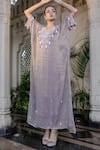Farha Syed_Gold Tissue, Taffeta Sequins V-neck Champagne Rose Embroidered Kaftan Set _at_Aza_Fashions