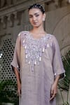 Buy_Farha Syed_Gold Tissue, Taffeta Sequins V-neck Champagne Rose Embroidered Kaftan Set 