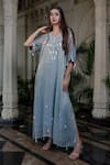 Farha Syed_Blue Tissue, Taffeta Sequins, Tassels V-neck Ice Embroidered Kaftan _at_Aza_Fashions