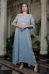 Buy_Farha Syed_Blue Tissue, Taffeta Sequins, Tassels V-neck Ice Embroidered Kaftan _at_Aza_Fashions