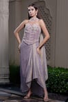 Buy_Farha Syed_Purple Chiffon, Tissue Sequins, Beads, Champagne Rose Corset And Drape Skirt Set _at_Aza_Fashions