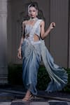 Buy_Farha Syed_Blue Chiffon, Tissue Pearls, Stones, Ice Embroidered Blouse And Saree Set _at_Aza_Fashions