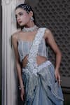 Buy_Farha Syed_Blue Chiffon, Tissue Pearls, Stones, Ice Embroidered Blouse And Saree Set _Online_at_Aza_Fashions