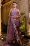 Shop_Farha Syed_Purple Chanderi Silk, Brocade, Tulle Beads, Lavender Embroidered Kurta Pant Set _Online_at_Aza_Fashions