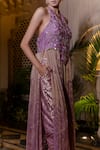 Shop_Farha Syed_Purple Chanderi Silk, Brocade, Tulle Beads, Lavender Embroidered Kurta Pant Set 