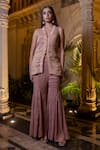Farha Syed_Peach Chiffon, Tissue Beads, Sequins V-neck Pink Jacket And Kalidar Sharara Set _Online_at_Aza_Fashions