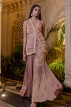 Buy_Farha Syed_Peach Chiffon, Tissue Beads, Sequins V-neck Pink Jacket And Kalidar Sharara Set _Online_at_Aza_Fashions