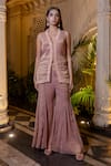 Buy_Farha Syed_Peach Chiffon, Tissue Beads, Sequins V-neck Pink Jacket And Kalidar Sharara Set _at_Aza_Fashions