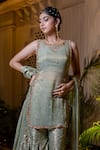 Farha Syed_Green Brocade, Chiffon, Tissue Pearls, Stones, Beads, Mint Sharara Set _Online_at_Aza_Fashions
