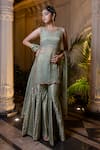 Buy_Farha Syed_Green Brocade, Chiffon, Tissue Pearls, Stones, Beads, Mint Sharara Set _Online_at_Aza_Fashions