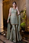 Buy_Farha Syed_Green Brocade, Chiffon, Tissue Pearls, Stones, Beads, Mint Sharara Set _at_Aza_Fashions