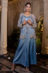 Farha Syed_Blue Silk Satin, Organza Embroidery Sweetheart Ice Bustier Pant And Jacket Set _Online_at_Aza_Fashions