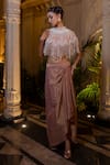Buy_Farha Syed_Peach Net, Chiffon, Tissue Pearls, Embroidered Cape Bustier Drape Skirt Set _at_Aza_Fashions