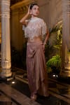 Buy_Farha Syed_Peach Net, Chiffon, Tissue Pearls, Embroidered Cape Bustier Drape Skirt Set _Online_at_Aza_Fashions